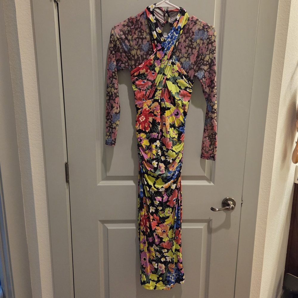 By Anthropologie Sheer Floral Long Sleeve Dress